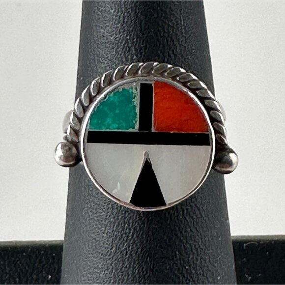 Early Vintage Native American Zuni Kachina Sun God Ring Inlaid Gemstones - Picture 4 of 8
